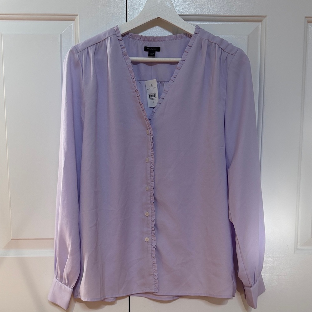 Ann Taylor Lavender Ruffle-Trim V-Neck Blouse